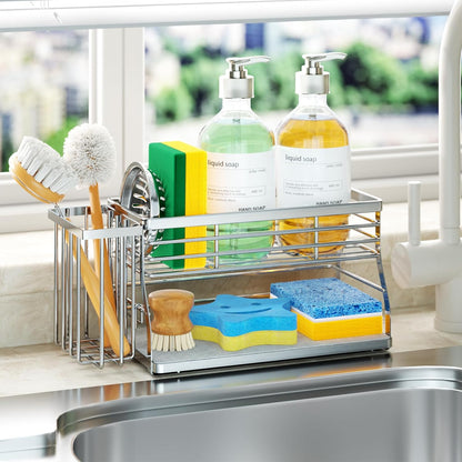 SWTYMIKI Sponge Holder for Kitchen Sink - 2 Tier Rustproof Sink Caddy with Instant Drying Stone, Removable Dish Brush Holder, Stainless Steel Kitchen Caddy for Coutertop Storage Accessories