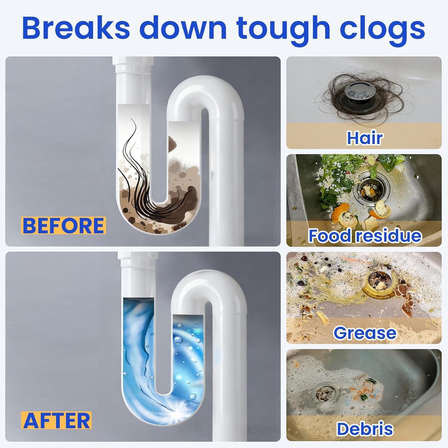 Sink Drain Clog Cleaner 400g: Upgraded Powerful Unclogger for Kitchen Sink, Bathroom Tub and Shower Drain, Effective Clog Remover