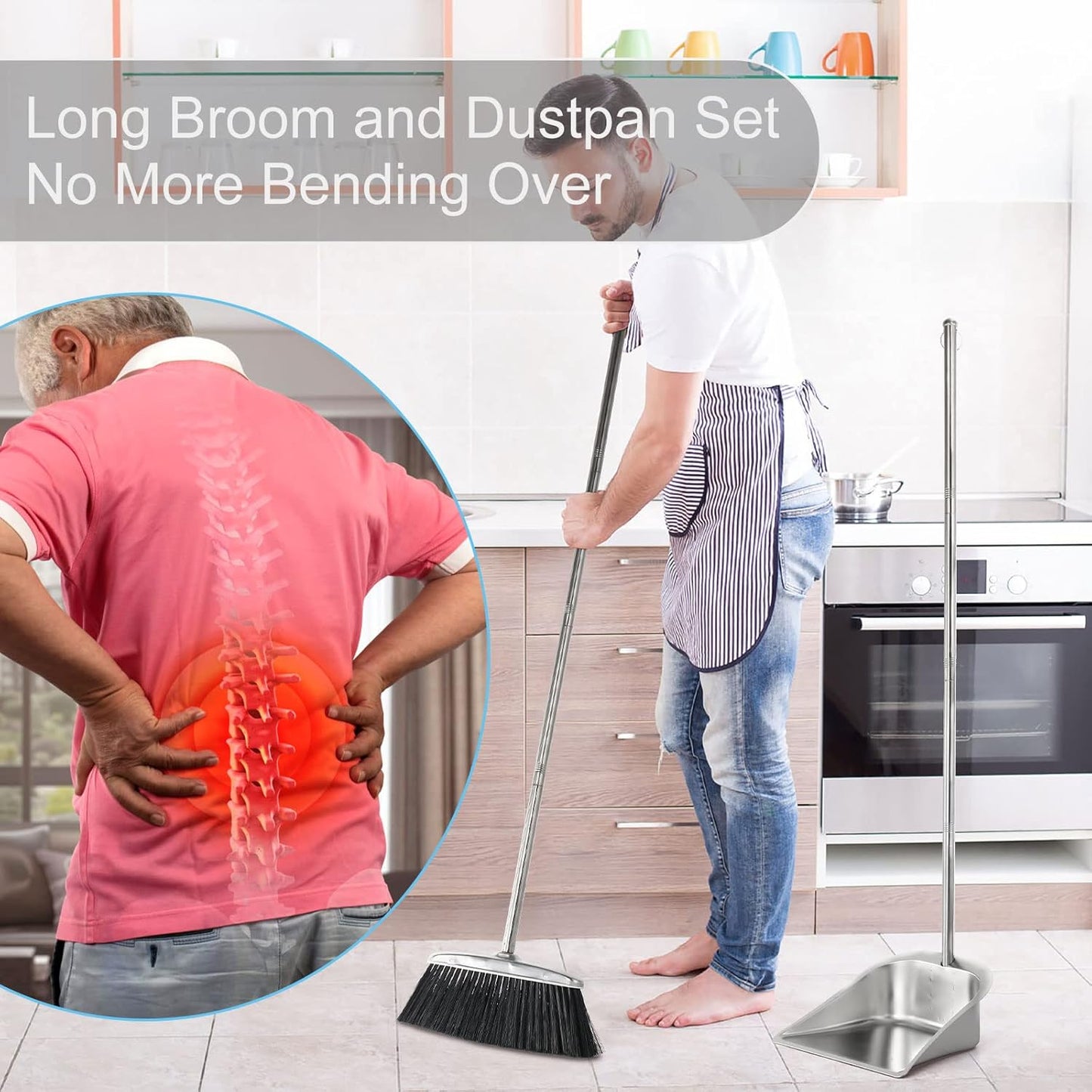 VOOWO Heavy Duty Broom and Dust pan Set, Stainless Steel Broom and Dustpan Set with Long Handle, Broom with Dustpan Set for Home Standing Dust Pan Indoor Outdoor Brooms Dustpan