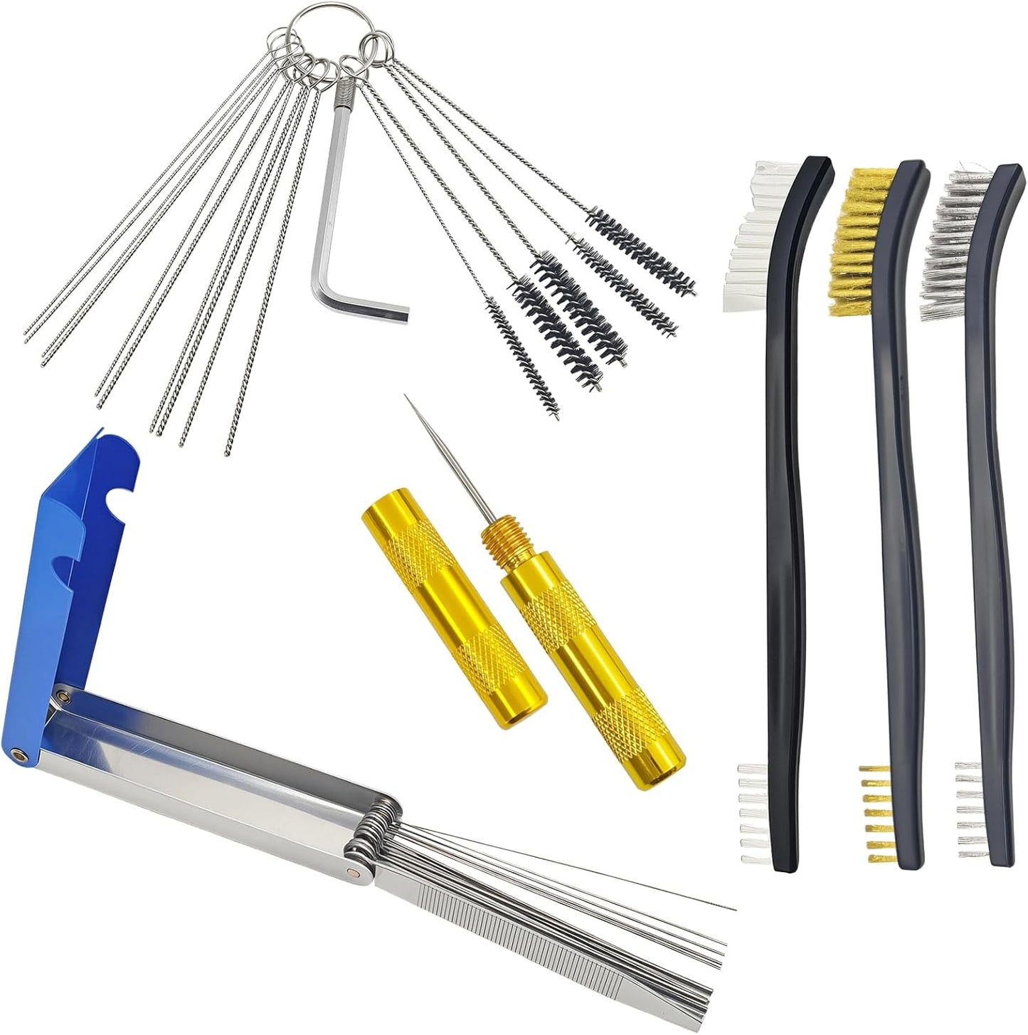 Carburetor Cleaning Kit – 13 Clean Line Set, 9 Cleaning Needles, 6 Nylon Brushes, Throttle Wrench & Pointed Pick, Stainless Steel Carbon Dirt Jet Remover Cleaner for Motorcycle, Chainsaw, Spray Guns