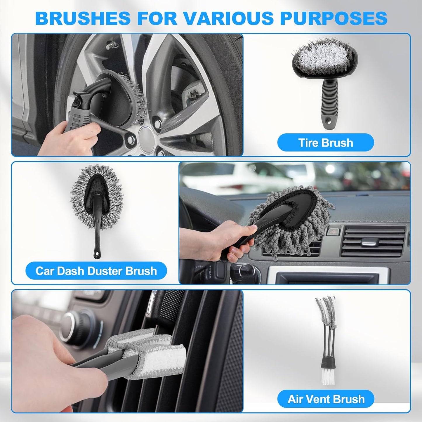 THINKWORK Windshield Cleaner Tool, Car Interior Cleaning Kit, Car Detailing Kit Interior Cleaner with10Pcs Detailing Brush Set, Gray Auto Detailing Supplies & Accessories