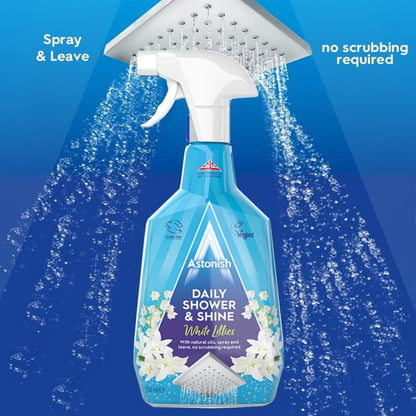 Astonish Daily Shower Shine White Lilies Cleaning Spray - No Scrub After Shower Spray Foam Prevents Watermarks & Limescale Buildup - Vegan Cruelty-Free Household Cleaning Products, 750ml Spray Bottle