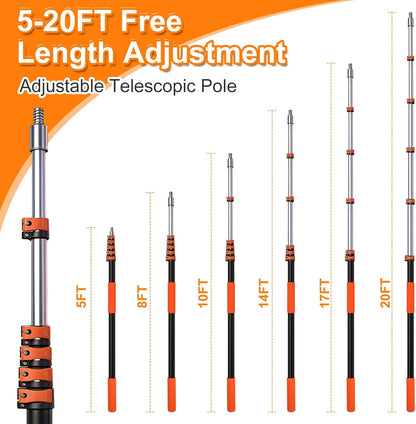 26FT High Reach Duster Kit with 5-20FT Flip-Lock & Screw Dual Locking Extension Pole, Cobweb Duster, Washable Ceiling Fan Cleaner & Window Squeegee for Glass & High Roof