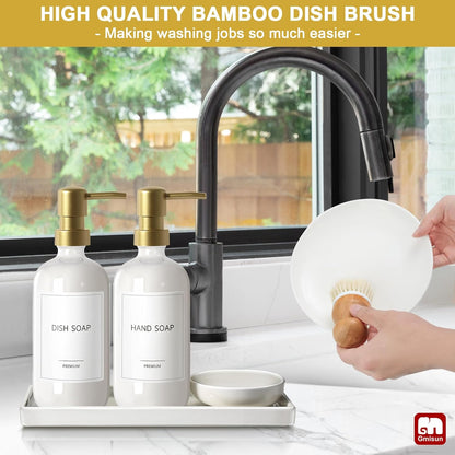 GMISUN Kitchen Soap Dispenser Set, 16 Oz Hand and Dish Soap Dispenser with Ceramic Tray & Bamboo Dish Brush, 2 Pack White Glass Liquid Pump Bottle, Modern Farmhouse Refillable Dish Soap Bottle