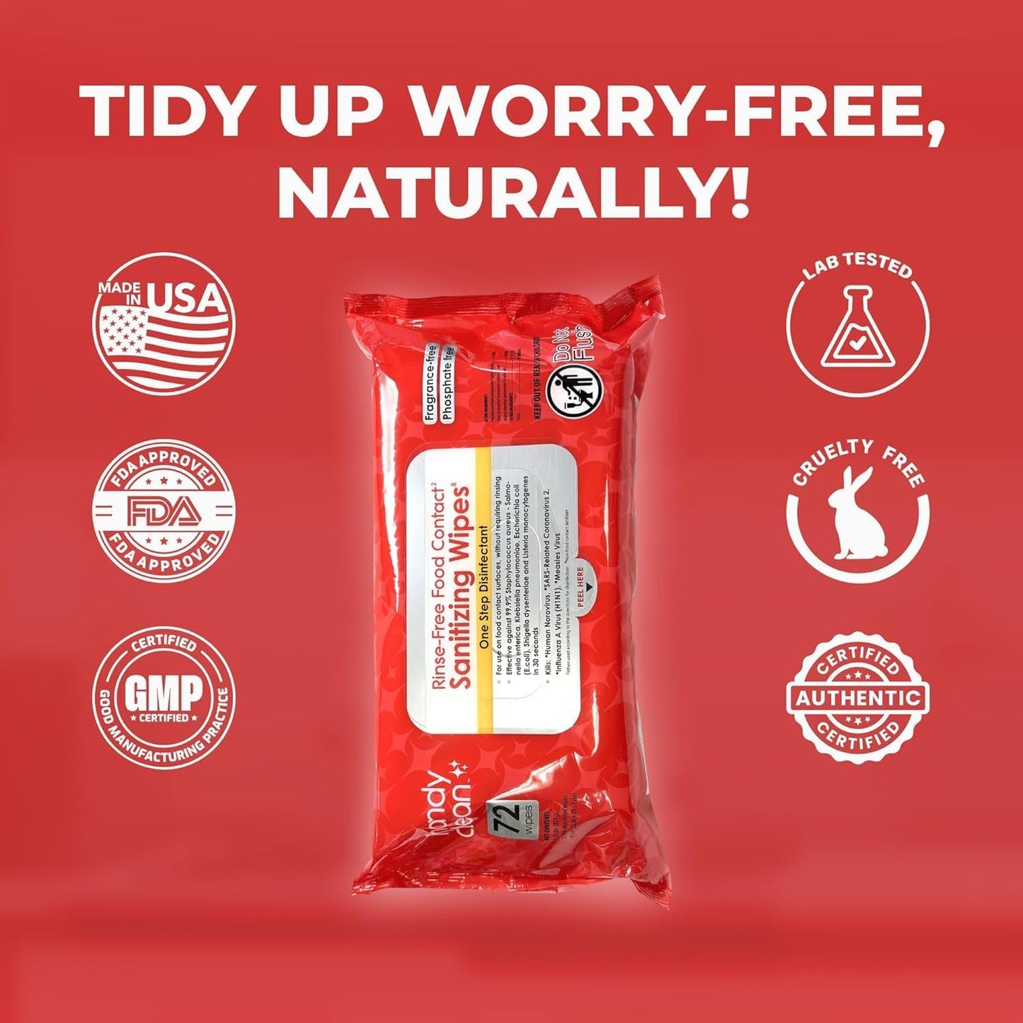 HandyClean Rinse-Free Food Contact Sanitizing Wipes Pouch, Multi Surface Cleaning Supplies for Kitchen and Professional Setting - 1 pack, 71 count