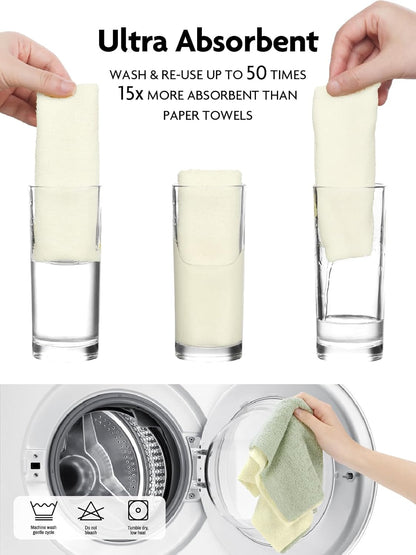 Fantasticlean Kitchen Towels - 40 Sheets - Reusable Washable Dishcloth Rolls, Super Absorbent, Premium Microfiber Cleaning Cloths, 10'' by 10'' (Beige, MossGreen)