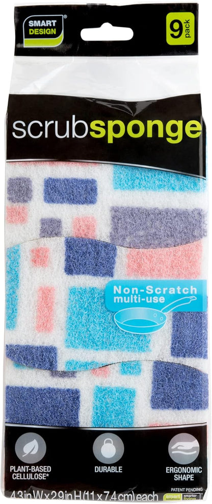Smart Design Non-Scratch Cellulose Smart Scrub Sponge - Set of 9 - Ultra Absorbent - Ergonomic Shape - Cleaning, Dishes, & Hard Stains - Cool Geometric Pattern - Blue, Pink, Purple