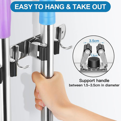 IMILLET 2 Pack Wall Mount Broom Holder Stainless Steel 5 Racks with 4 Hooks Broom Organizer Self Adhesive Heavy Duty Laundry Room, Garage Organization Storage