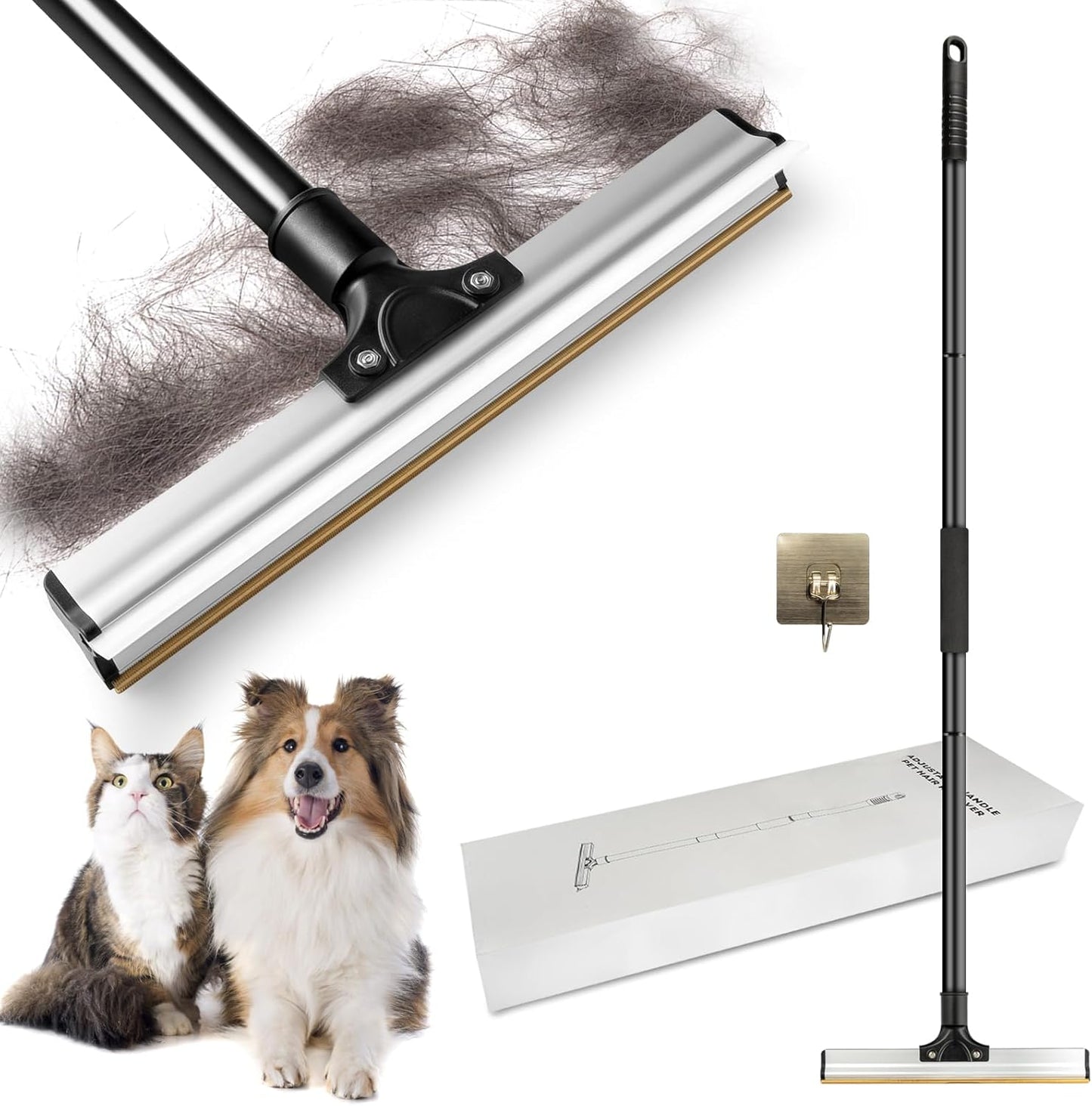 Dual Side Pet Hair Remover, Adjustable Carpet Rake Hair Removal Tool with Copper Serrated & Silicone Edge, Reusable Dog Cat Hair Remover Broom for Embedded Fur Removal from Carpet