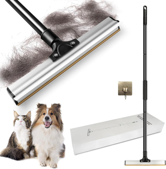 Dual Side Pet Hair Remover, Adjustable Carpet Rake Hair Removal Tool with Copper Serrated & Silicone Edge, Reusable Dog Cat Hair Remover Broom for Embedded Fur Removal from Carpet