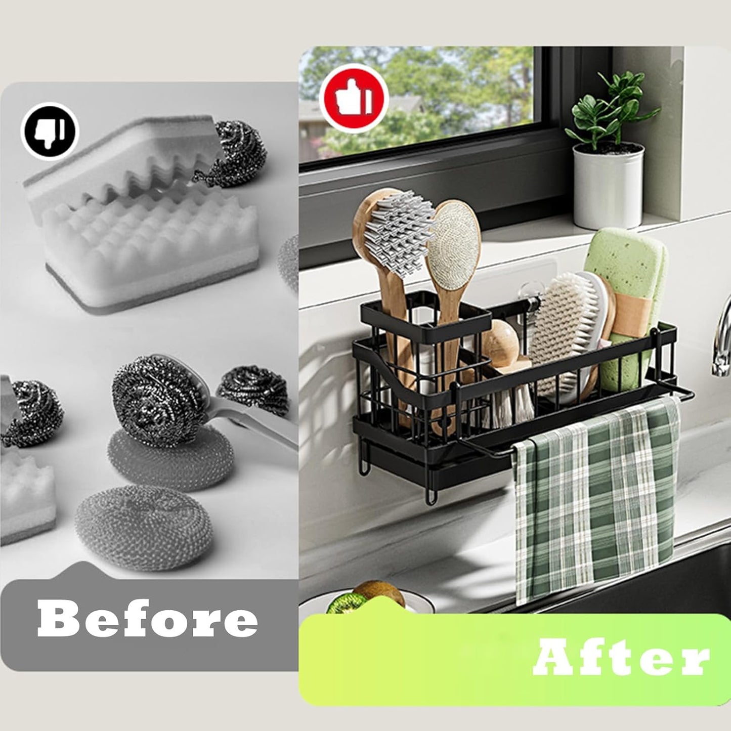 Sponge Holder for Kitchen Sink,Sink Caddy Organizer with Removable Brush Holder,Kitchen Countertop Soap Dispenser Storage with Detachable Towel Rack,Black