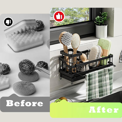Sponge Holder for Kitchen Sink,Sink Caddy Organizer with Removable Brush Holder,Kitchen Countertop Soap Dispenser Storage with Detachable Towel Rack,Black