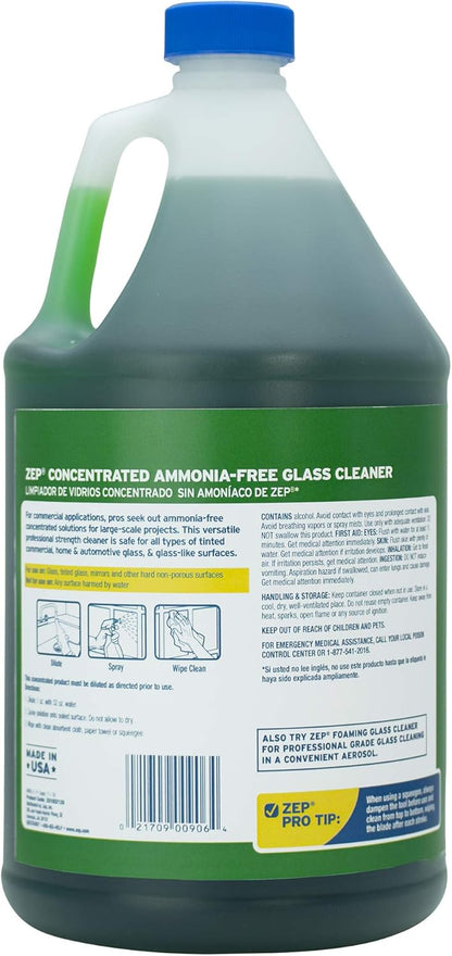 Zep Ammonia Free Glass Cleaner Concentrate - 1 Gallon (Case of 4) ZU1052128 - Professional Grade Formula Removes Dirt, Fingerprints, and Grime from Windows, Mirrors, Acrylic Surfaces, and Tinted Glass
