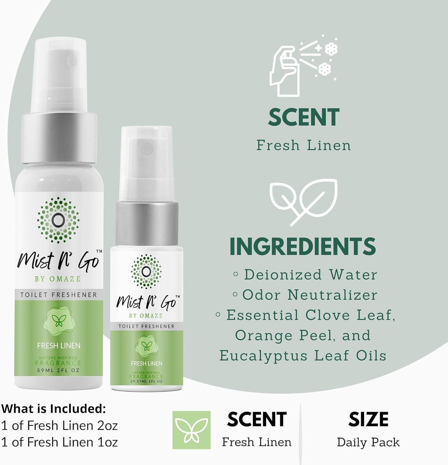 Mist N’ Go by Omaze Travel Bathroom Spray for Toilet Spray Odor Eliminator - Travel Toilet Spray for Bathroom Air Freshener Spray for Bathroom Deodorizer - Clean Mix, Travel Size (1oz x2)