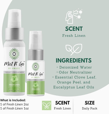 Mist N’ Go by Omaze Travel Bathroom Spray for Toilet Spray Odor Eliminator - Travel Toilet Spray for Bathroom Air Freshener Spray for Bathroom Deodorizer - Clean Mix, Travel Size (1oz x2)