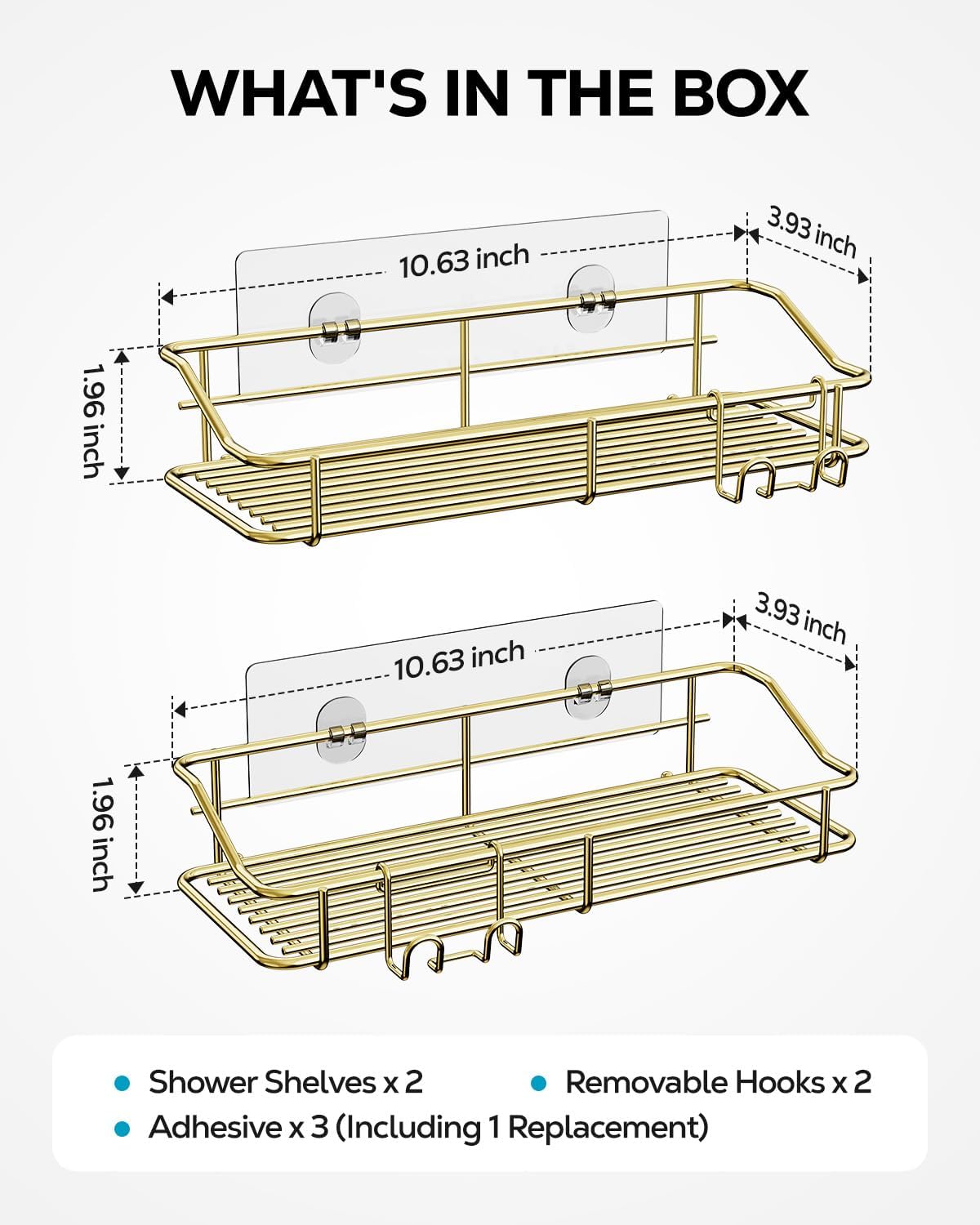 Nieifi Shower Caddy Shelf Storage Rack Adhesive Without Drilling Stainless Steel with Hooks for Washroom, Lavatory, Restroom, Toilet, Bathroom, Kitchen - 2 Pack