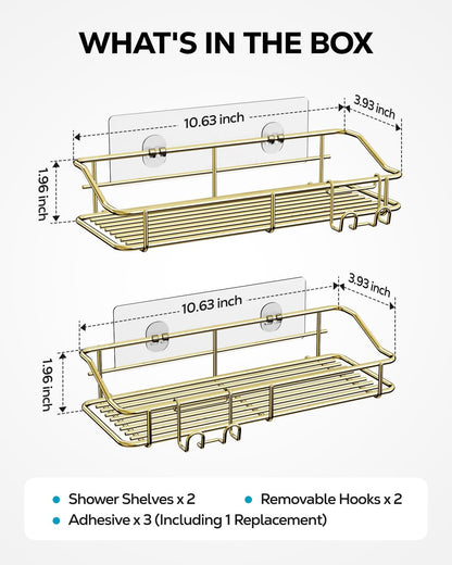 Nieifi Shower Caddy Shelf Storage Rack Adhesive Without Drilling Stainless Steel with Hooks for Washroom, Lavatory, Restroom, Toilet, Bathroom, Kitchen - 2 Pack