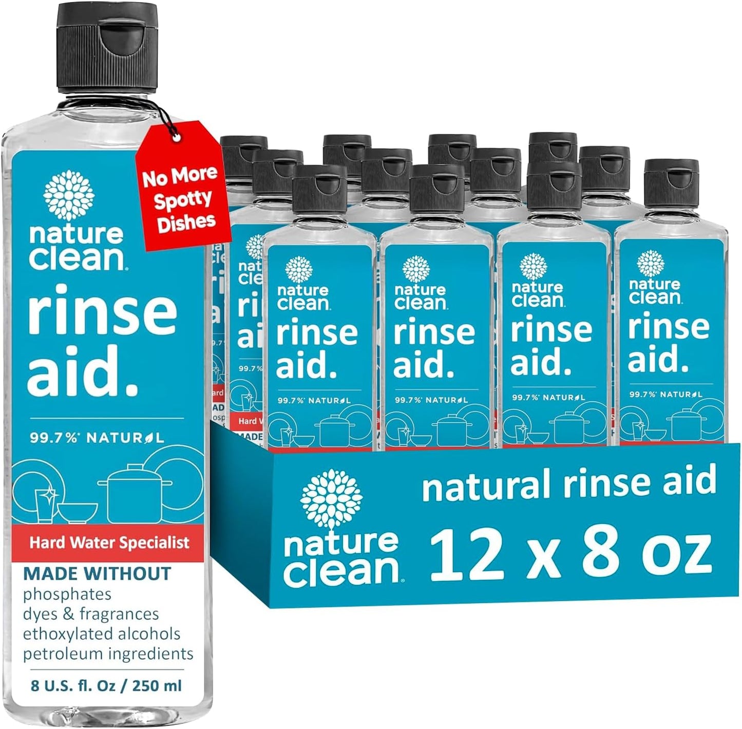 Nature Clean All Natural Dishwasher Rinse Aid Cleaner, Liquid Dishwasher Rinse Agent Spot-Free Glass & Cutlery in Hard Water, Non-Toxic Dish Washer Drying Agent & Stain Remover, 8 oz/250ml, Pack of 1