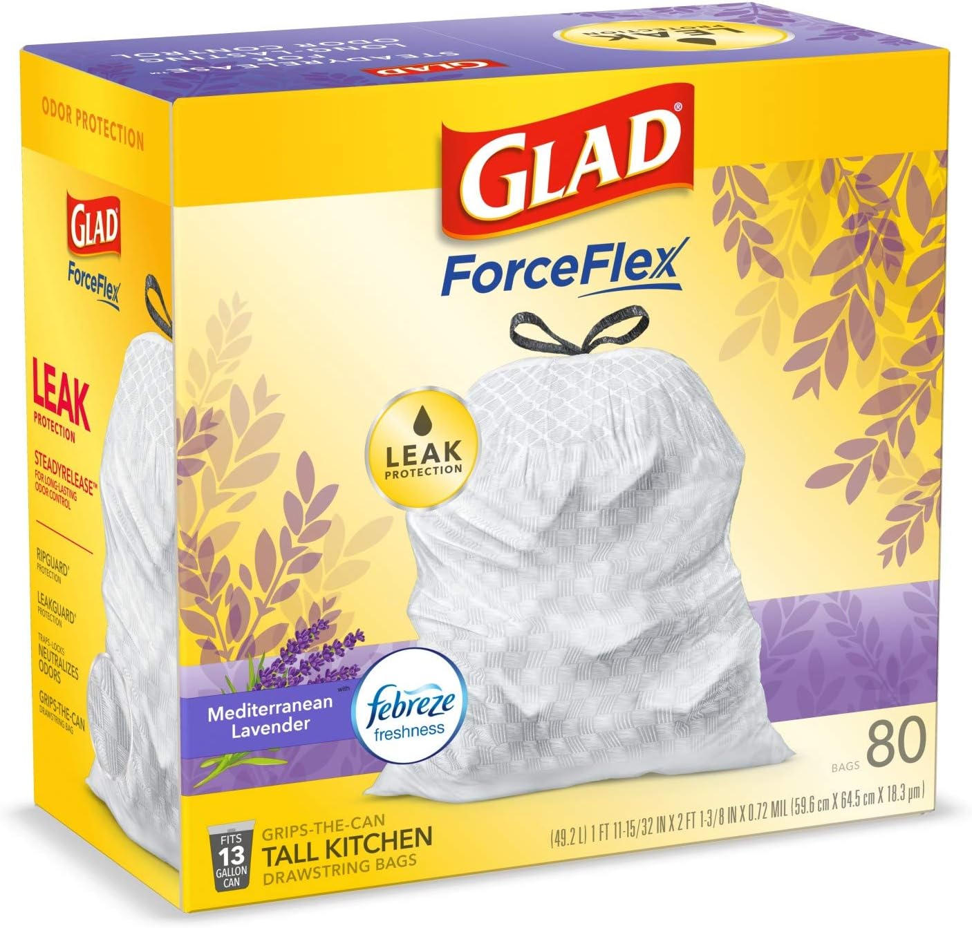 Glad ForceFlex Tall Kitchen Trash Bags, 13 Gal, Gain Lavender with Febreze, 110 Ct (Pack May Vary)
