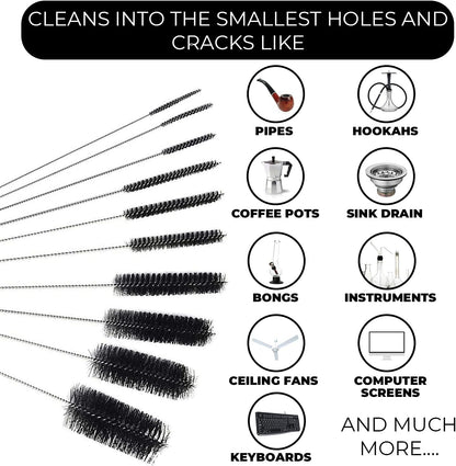 10" Tube Cleaning Brush Set, 5 Pack Large, Extra Long Nylon Straw Brushes with Flexible Handles for Bottles, Cleaning Straws, Pipe Cleaners, Keyboard, Glass, Guns, Detailing and Deep Cleaning, Black