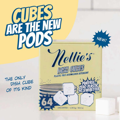 Nellie’s Dish Cubes – 64 Loads Dishwasher Detergent – Concentrated Formula – Plastic-Free Formula (PVA-Free) – Tin Packaging – Powerful Cleaning for Grease & Grime – Made in Canada