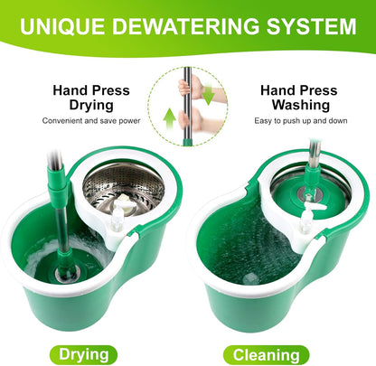 Spin Mop and Bucket with Wringer Set,360° Spin Mop & Bucket Floor Cleaning System Mop Bucket with 61" Adjustable Extended Handle 3 Microfiber Replacement Head Refills