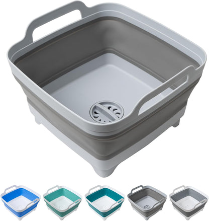 2 Pack Dishpan for Washing Dishes, 2.4Gal/9L Wash Basin with Draining Plug Carry Handles, Collapsible Bucket for Cleaning, Portable Sink, Foldable Plastic Tub