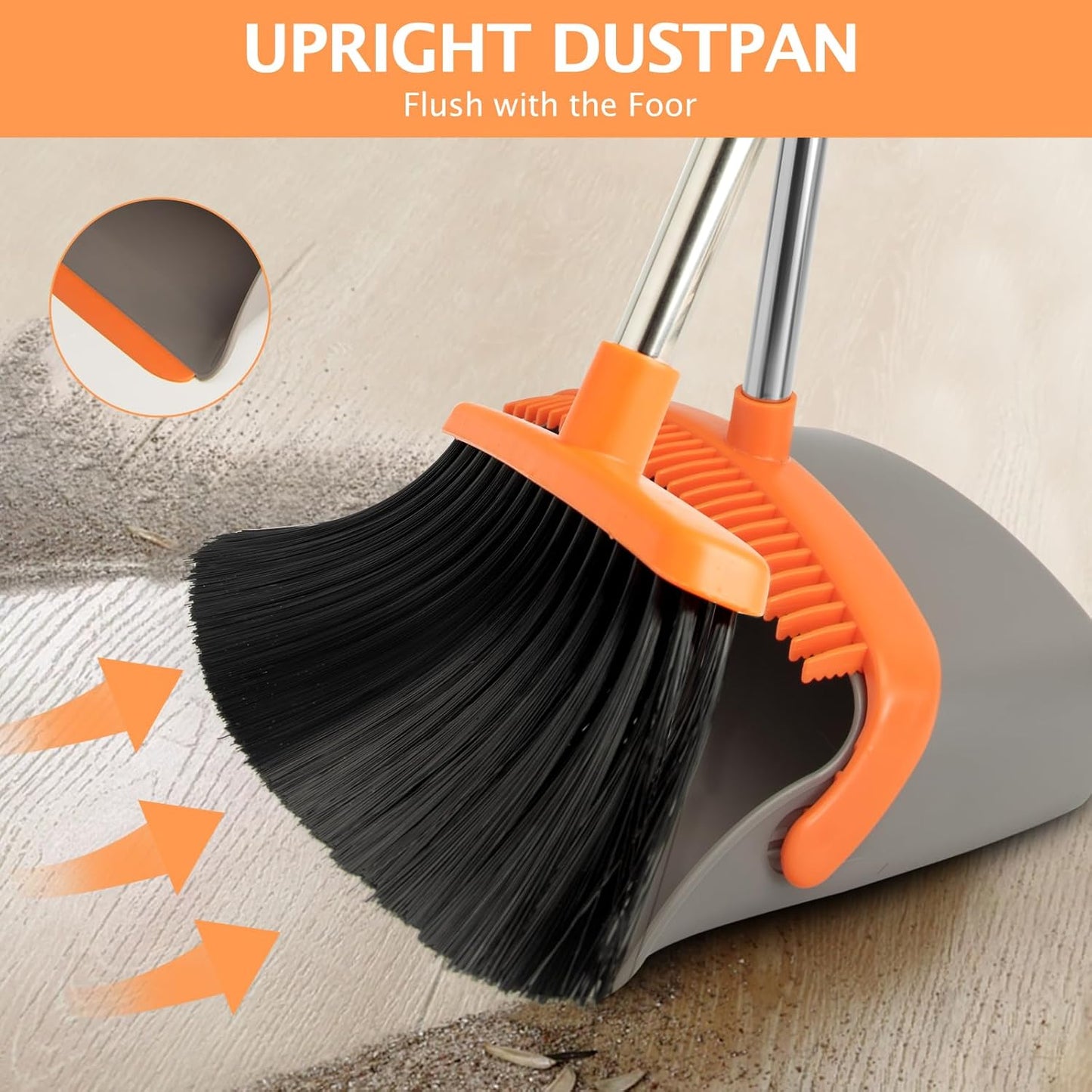 Broom and Dustpan Set, Long Handle Lightweight Dustpans with Broom Combo for Home, Indoor&Outdoor Sweeping for Home Room Kitchen Office Lobby (Charcoal)
