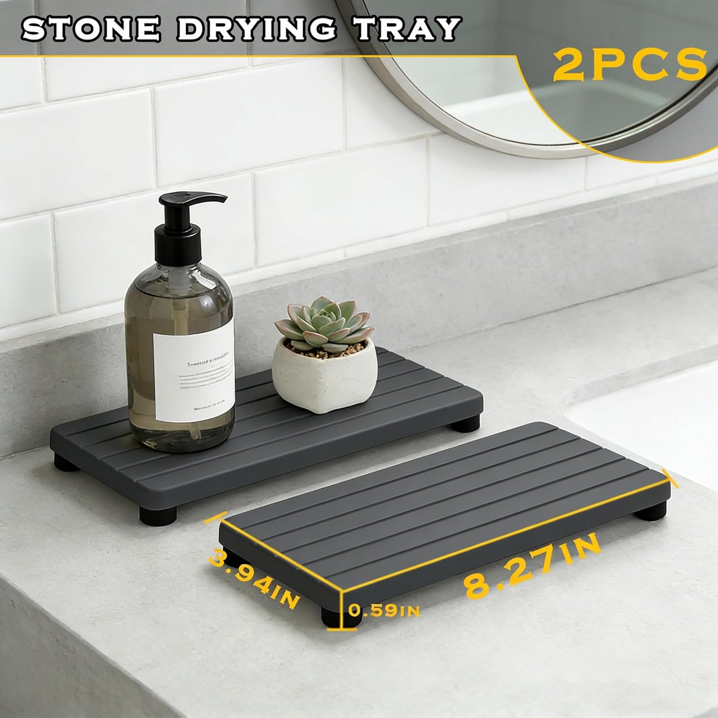 Instant Dry Sink Tray, Anti-Slip Stone Sink Caddy, Durable Kitchen Sink Organizer, Quick Dry Water Absorbing Stone Tray for Bathroom Counter, Stone Soap Tray -Dark Gray
