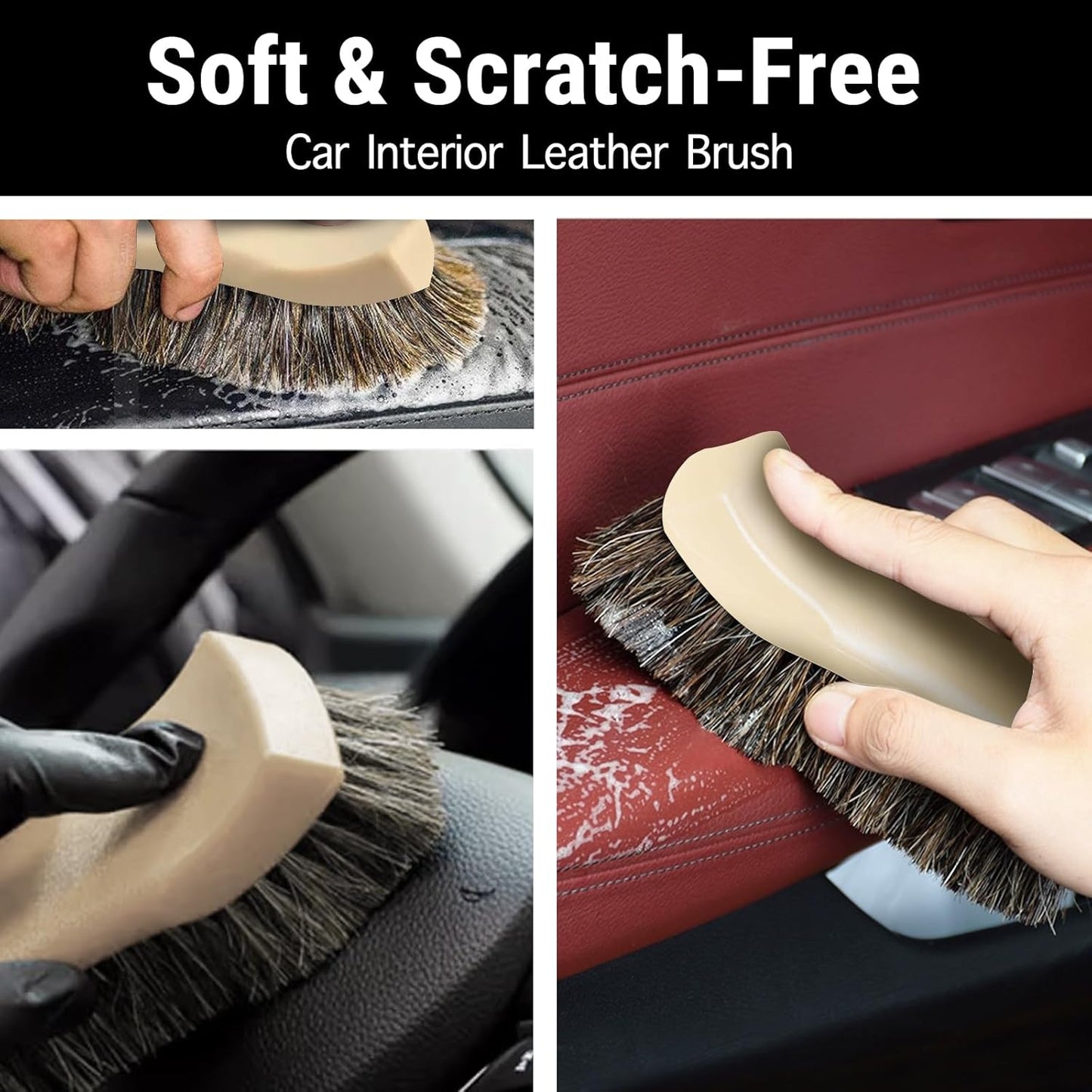 YeewayVeh 3pcs Car Detailing Brush Set, Boars Hair Detailing Brushes, Ultra Soft Detail Brush for Air Vent Leather Seat, Scratch Free Car Detailing Brushes for Interior Exterior, Orange