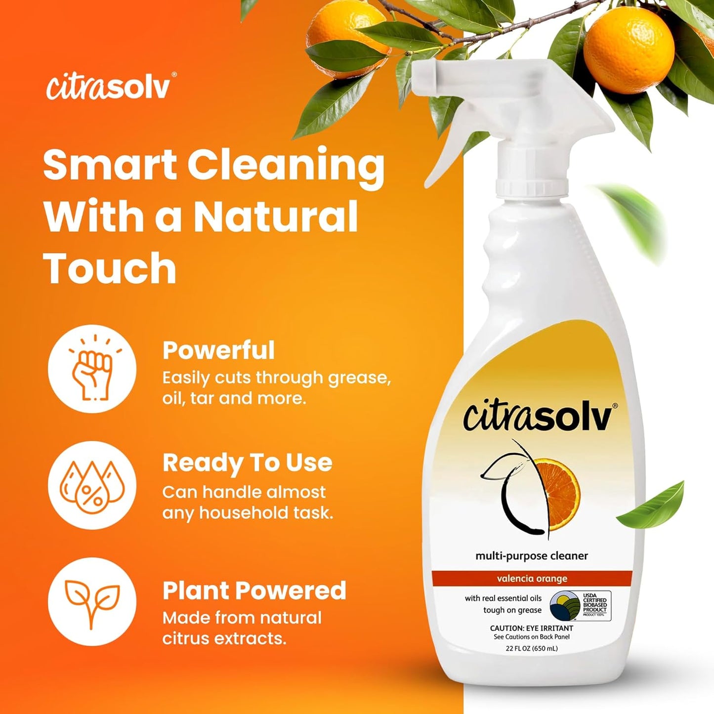 Citra Solv All Purpose Cleaning Spray – Powerful Citrus Degreaser for Kitchen & Bathroom, Multi-Surface Cleaner, No Harsh Chemicals, Valencia Orange 22oz
