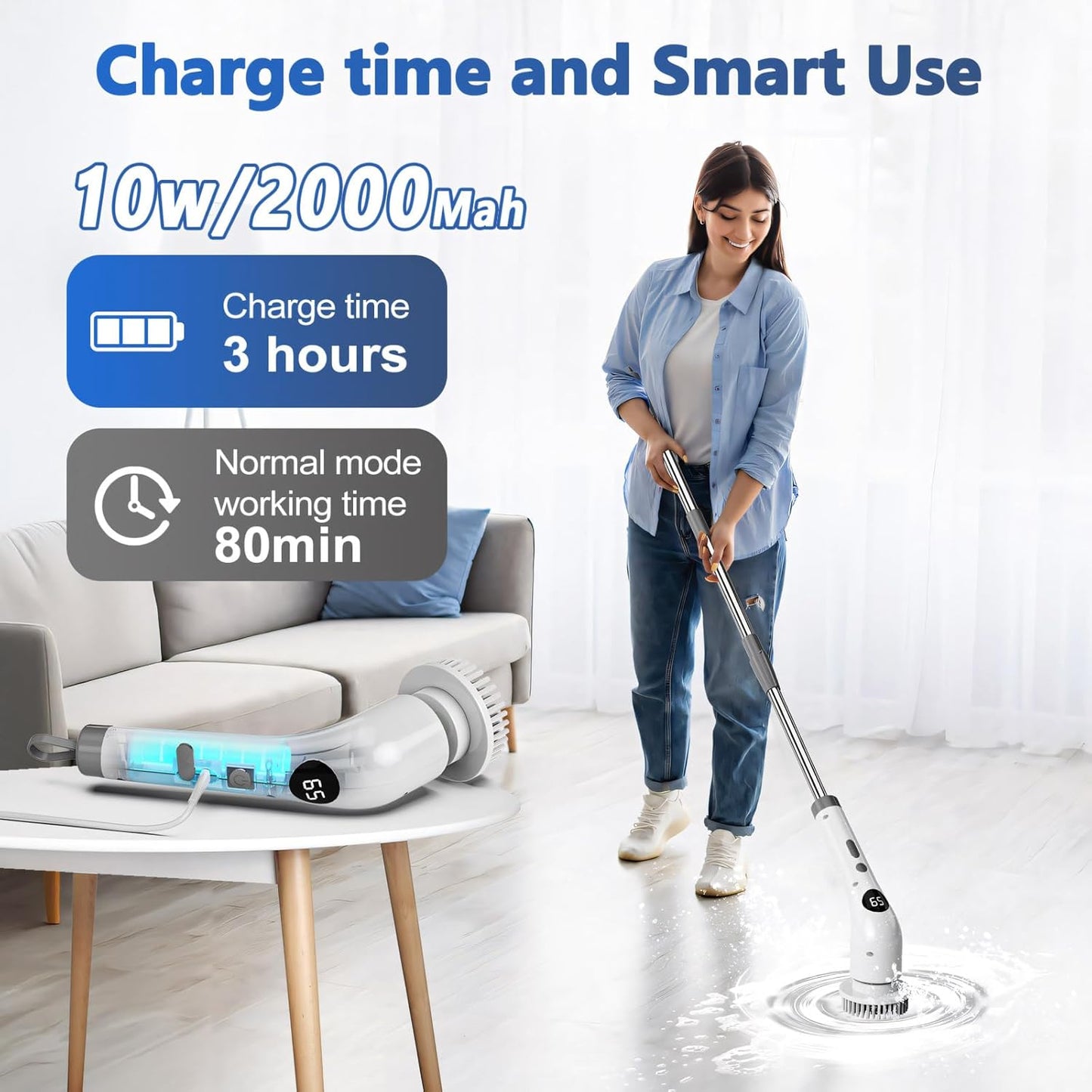 qimedo 5000mAh Battery Electric Spin Scrubber Q4, Handheld Scrubber for Cleaning with Display, Power Dish Scrubber with 5 Heads, Shower Cordless Cleaning Brush for Bathroom/Sink/Window