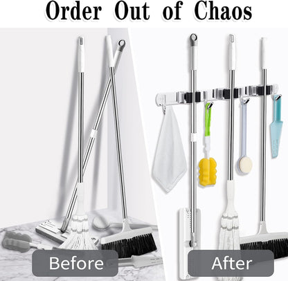 AceMining 5 Racks and 4 Hooks Mop and Broom Holder Wall Mount, Broom Organizer Storage Tool Racks Stainless Steel Heavy Duty Hooks Self Adhesive Solid Non-slip for Home Kitchen Garden Laundry Garage
