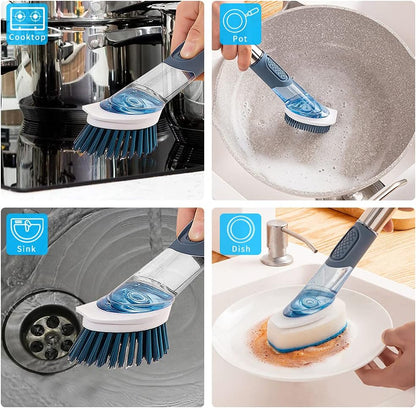 4-in-1 Dish Cleaning Brush Soap Dispensing Dish Brush Set with 4 Replacement Heads and Storage Holder, Kitchen Scrub Brush for Dish Pot Pan Sink Cleaning (Grey)