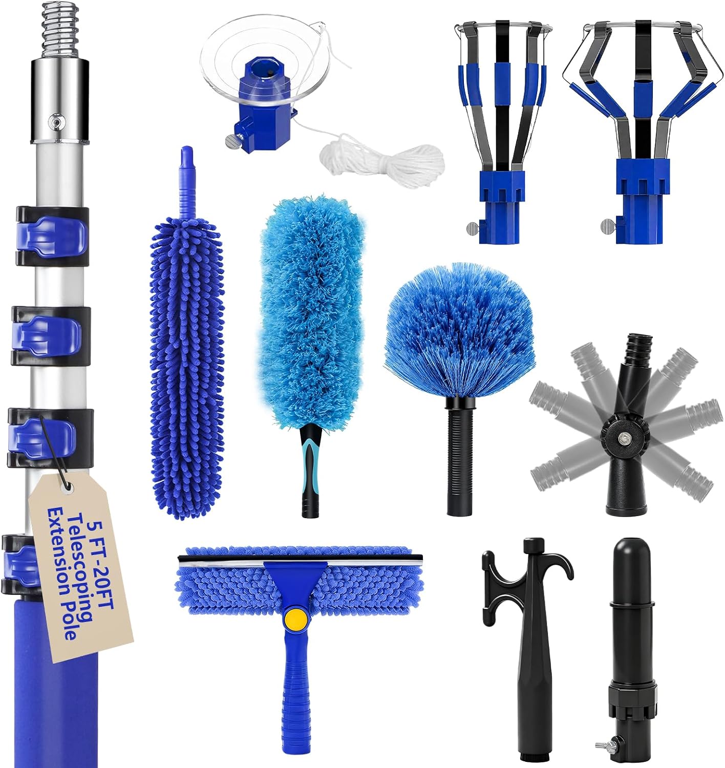 20FT Light Bulb Changer for High Ceilings with 5-12FT Heavy Duty Extension Pole,High Ceiling Fan Duster Extendable Reusable Cobweb,Feather,Window Cleaning Squeegee Kit for Home & House,Interior Roof