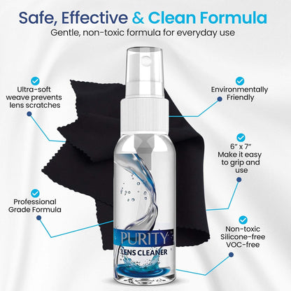 Purity Eyeglass Lens Cleaner Kit - 2 x 8oz and 1 x 2oz Lens Cleaner Spray Bottle + 2 Microfiber Cleaning Cloths - Safe for All Lenses (AR Coated Included), Eyeglasses and Screens - Clear