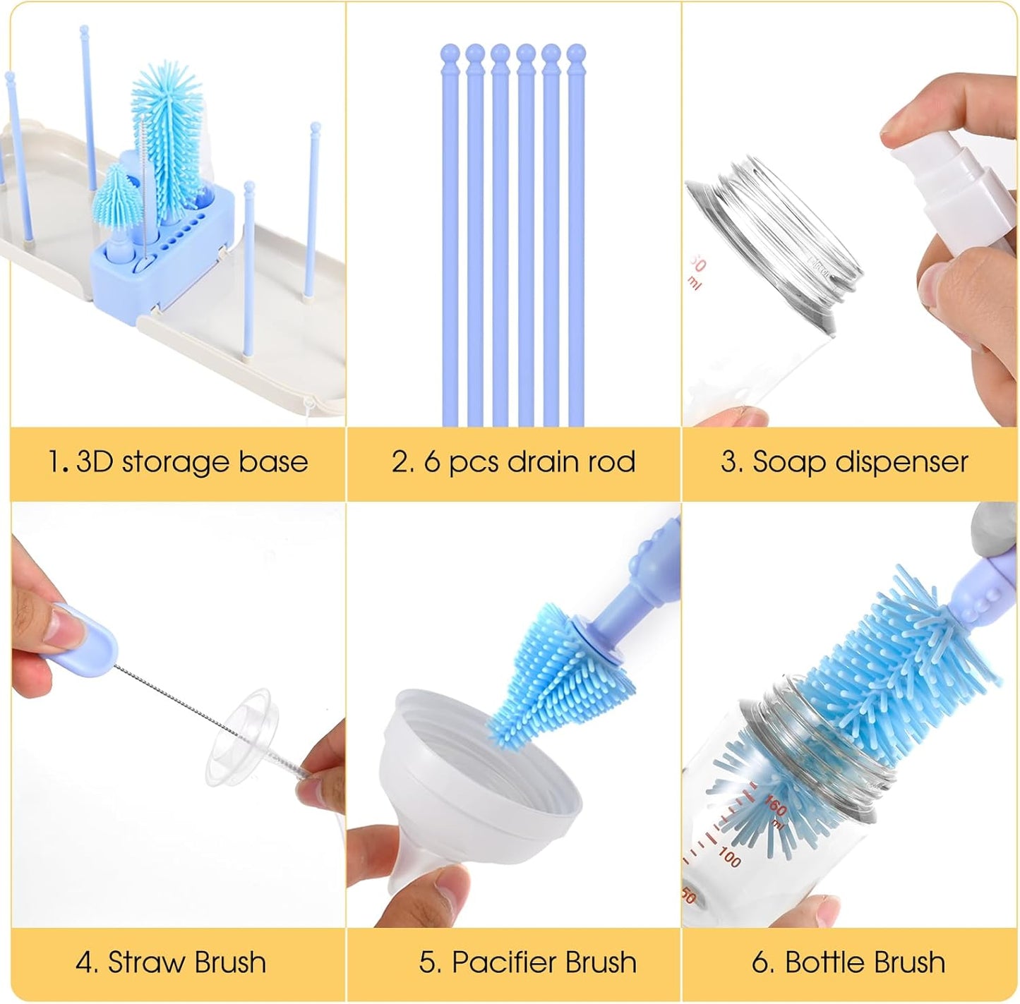 Travel Baby Bottle Cleaner Kit，7-in-1 Baby Bottle Brush Set for Travel and Home, All-in-One Baby Bottle Washing Kit: Integrated Cleaning & Drying System for Bottles and Breast Pump Parts (Green)