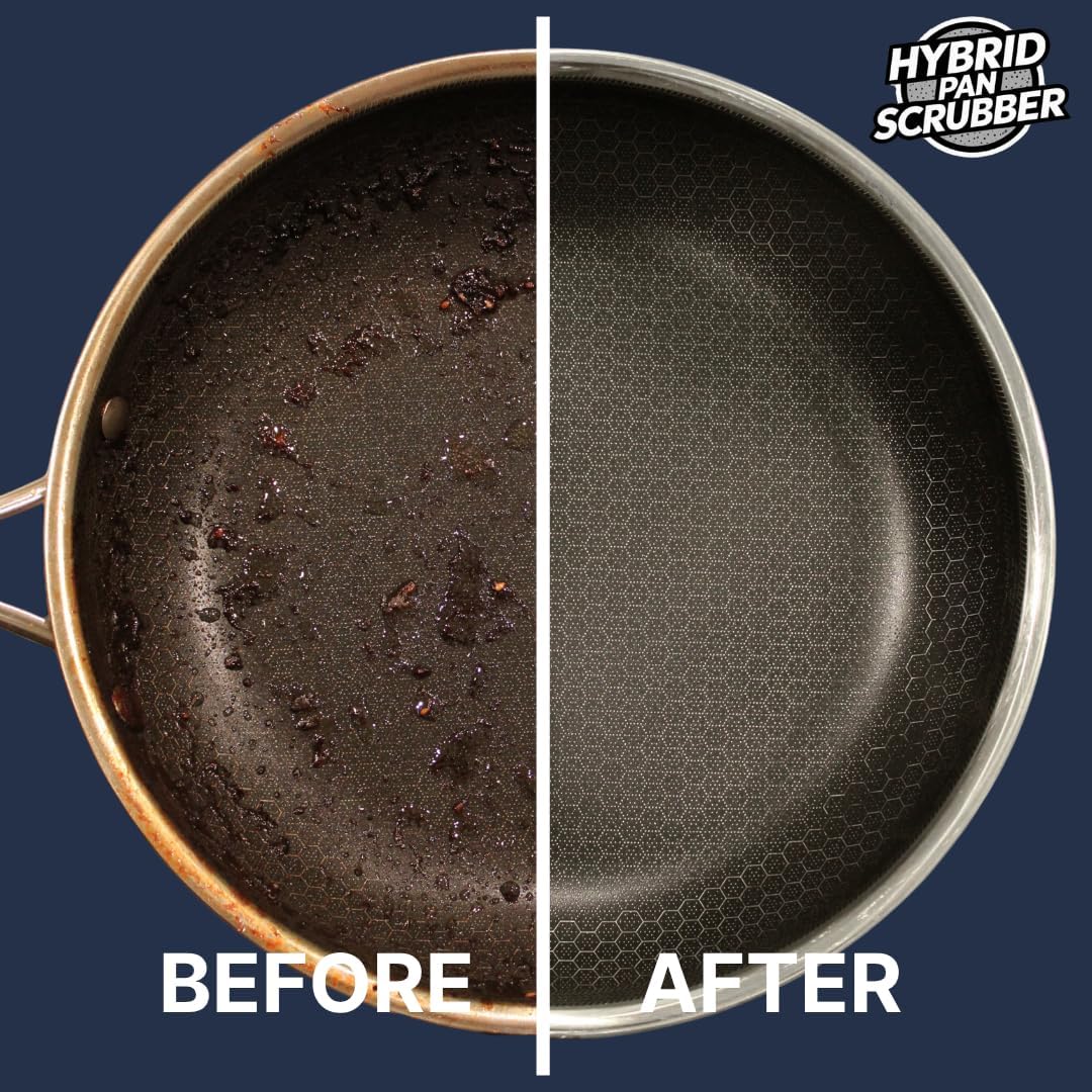 Stainless Steel & Hybrid Cookware Scrub & Polisher with Soap-Dispensing Handle, Dual-Layer DuoPad & Drydock Tray. Refillable, Ergonomic, Safe for All Hybrid and Stainless Steel cookware.