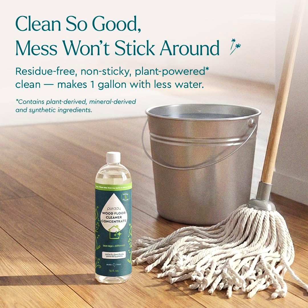 Puracy Wood Floor Cleaner Concentrate - pH Neutral Plant-Powered Hardwood All Purpose Cleaner - Residue-Free Non-Sticky Cleaning Solution As Seen on TikTok (Blue Sage & Driftwood, 16 fl oz)