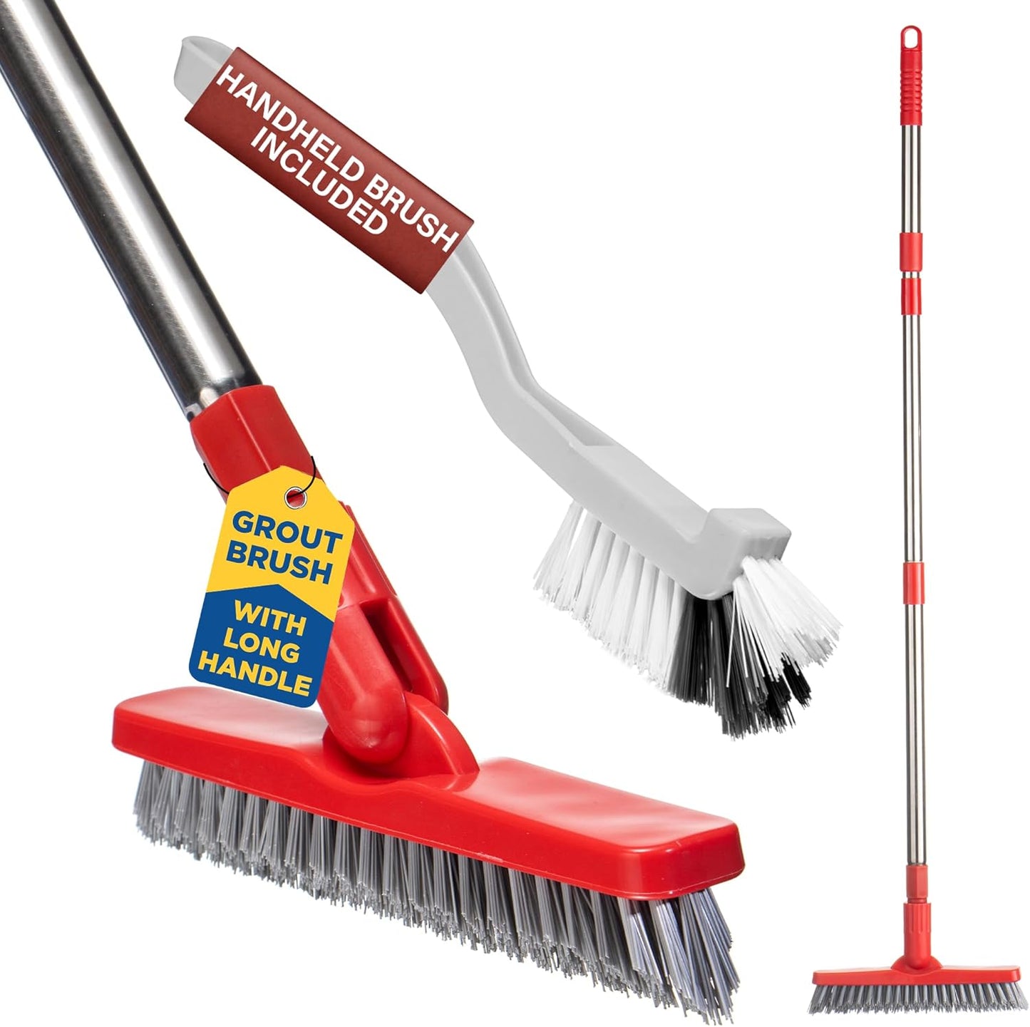 Shower Scrubber with Long Handle, Stiff Bristles Grout-Brush, Tub Scrub-Brush with Long-Handle, Shower-Cleaner Brush, Grout Cleaning Brush for Tile floors, Scouring Pad & Microfiber Cloth for Bathroom