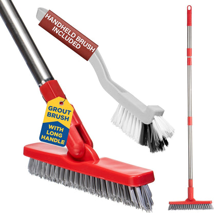 Shower Scrubber with Long Handle, Stiff Bristles Grout-Brush, Tub Scrub-Brush with Long-Handle, Shower-Cleaner Brush, Grout Cleaning Brush for Tile floors, Scouring Pad & Microfiber Cloth for Bathroom