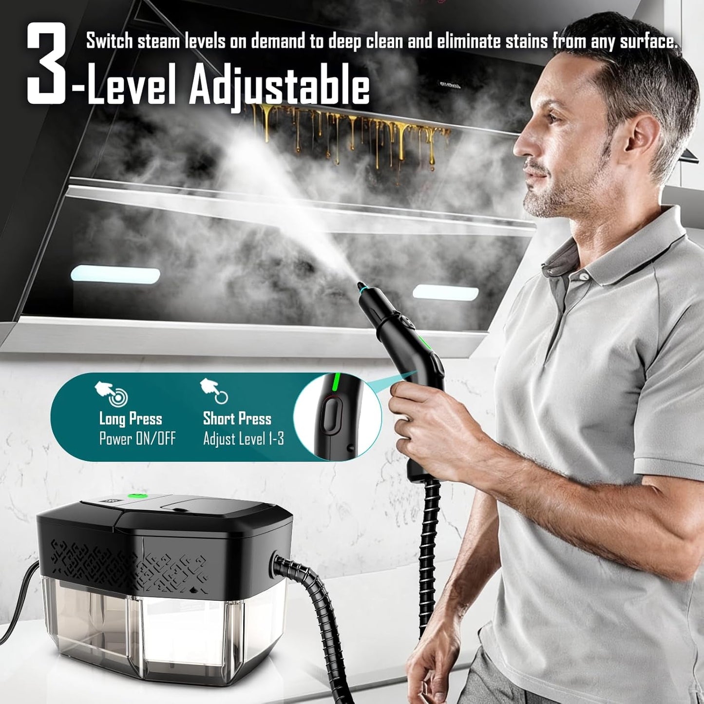 Steam Cleaner, 3-Level Adjustable Handle, 15s Heat-Up, Steamer for Cleaning With 1.8L Large Tank, Dry Burn Protection, Handheld Steam Cleaner for Home, Bathrooms, Tile,Grout,Car with 12pcs Accessories
