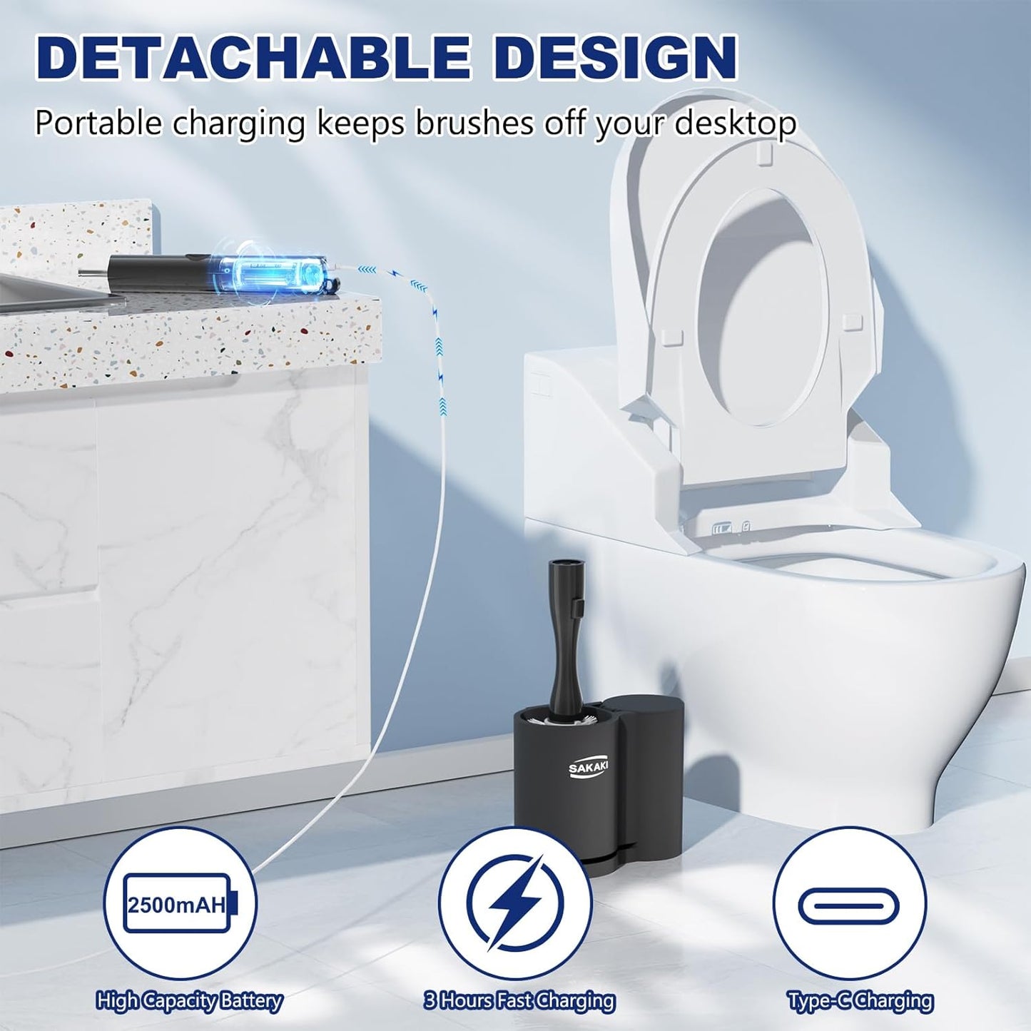 Electric Toilet Brush and Holder Set, Electric Toilet Bowl Brush, Toilet Brush Cleaner Set with 5 Refills Disposable Cleaner Brush, Floor Standing, Wall Mounted Without Drilling, Rechargeable, White