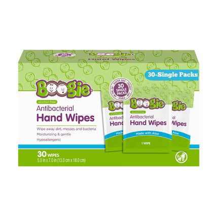 Boogie Antibacterial Hand Wipes by Boogie, Alcohol Free, Hypoallergenic and Moisturizing Aloe, for Kids and Adults -100 Total Wipes (5 Packs of 20)