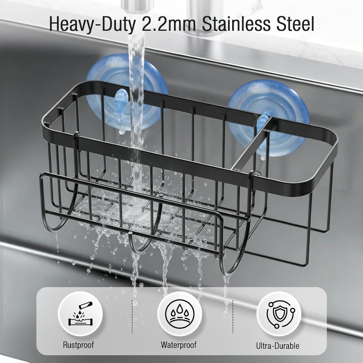 3-in-1 Kitchen Sink Caddy Organizer with Sponge Holder, Brush Holder, Extra Rack for Scrubber, Sink Stopper, Dish Cloth Hanger - Strong Dual Suction Cup, 2.0mm SUS304 Stainless Steel - Grey