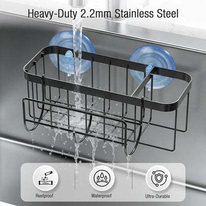 3-in-1 Kitchen Sink Caddy Organizer with Sponge Holder, Brush Holder, Extra Rack for Scrubber, Sink Stopper, Dish Cloth Hanger - Strong Dual Suction Cup, 2.0mm SUS304 Stainless Steel - Grey