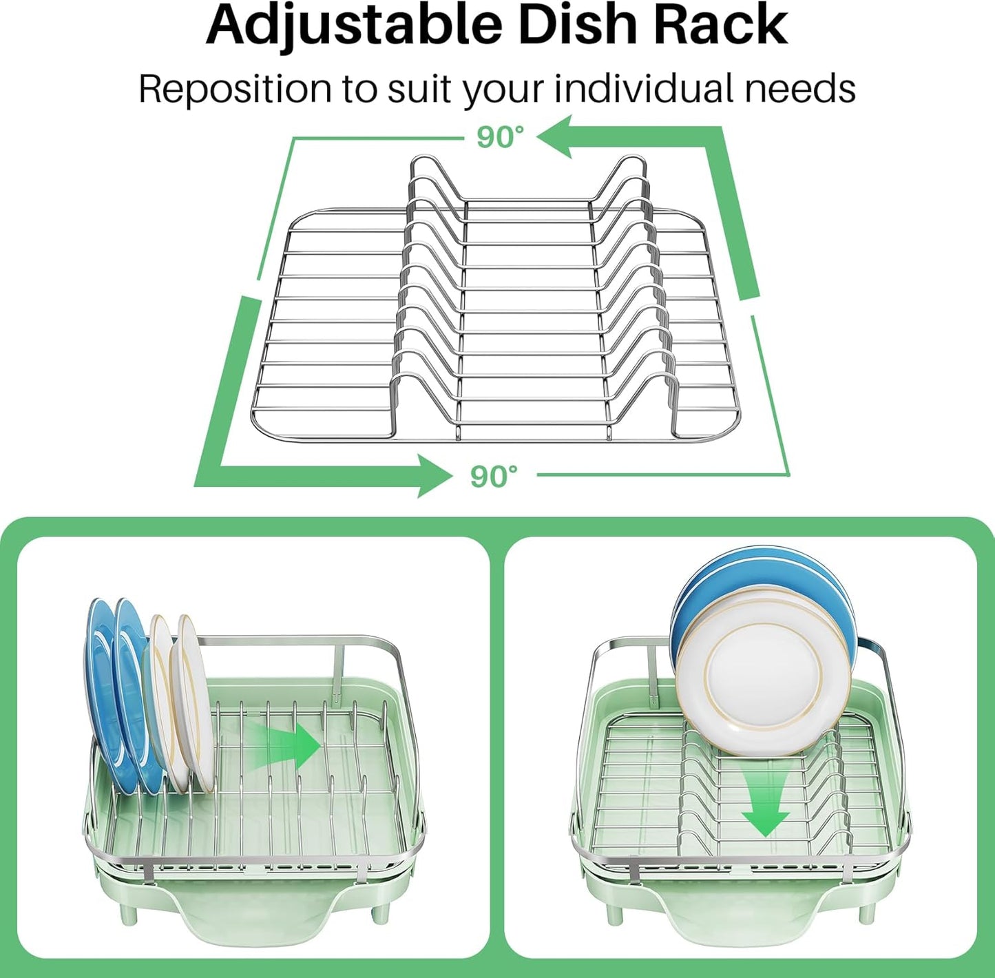 SNTD Dish Drying Rack, Expandable Dish Rack for Kitchen Counter, Stainless Steel Dish Drainer with Drainboard Set and Utensil Holder (Black)