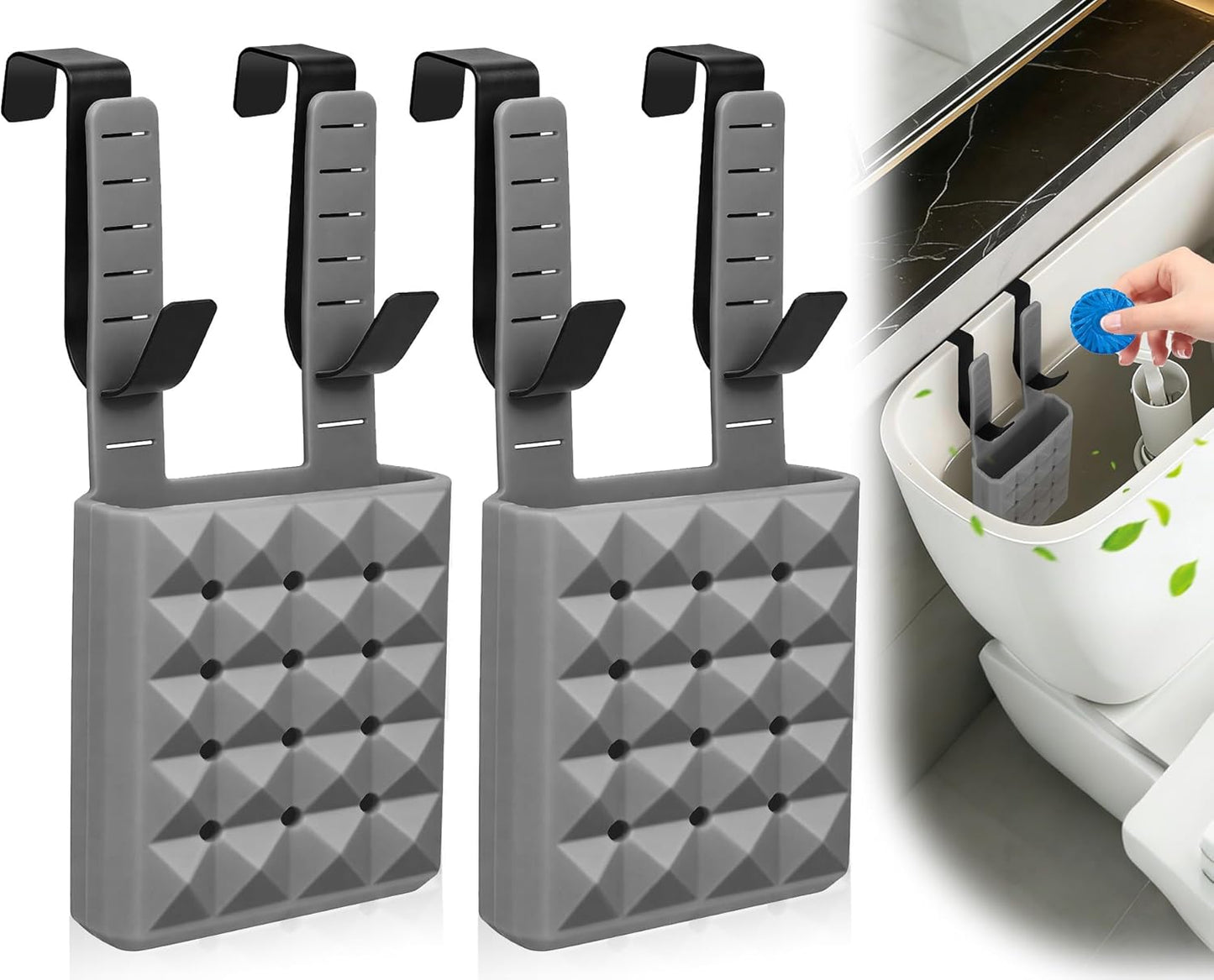 Adjustable Toilet Tank Cleaning Tablet Holder-Hanging Silicone Basket Carrier with Rustproof Hooks for Bowl Cleaner & Bleach Tablet Organizer, Accessory Fit Up to 7" Water Level