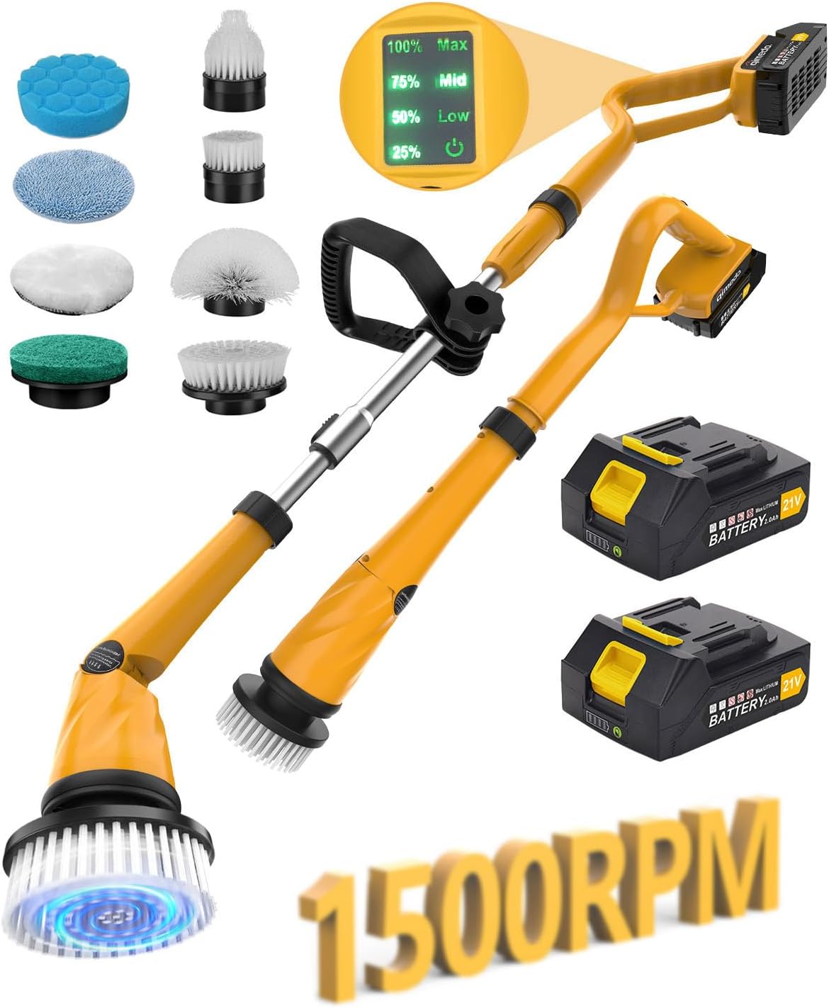 Qimedo Electric Spin Scrubber with Two Batteries Q2 Pro,1500 RPM High Power Electric Scrubber for Cleaning,Shower Cordless Cleaning Brush with Display for Tub/Tile/Floor (Effortless Handle/8 Brushes)