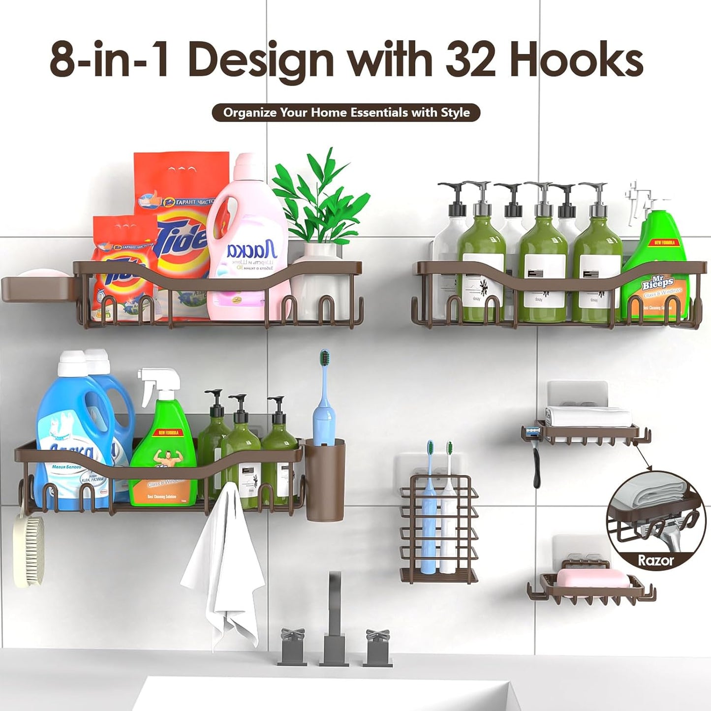 NESOMI Shower Caddy Adhesive Shower Organizer 7-Pack, Rustproof Stainless Steel Bathroom Shelves, Large Capacity No-Drill Rack Storage Accessories with Soap Dish Toothbrush Holder &24 Hooks Home Decor